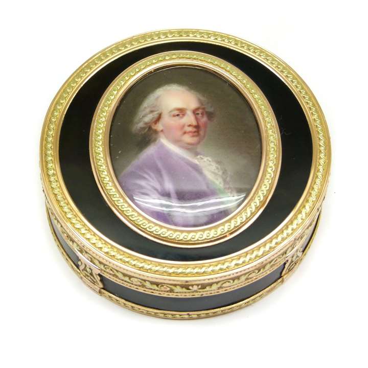 Louis XVI vari-coloured gold mounted tortoiseshell and portrait miniature box by Francois Delanoy, Paris 1779, the miniature of the Comte d'Angiviller by Jean-Baptiste Weyler (French 1747-1791),